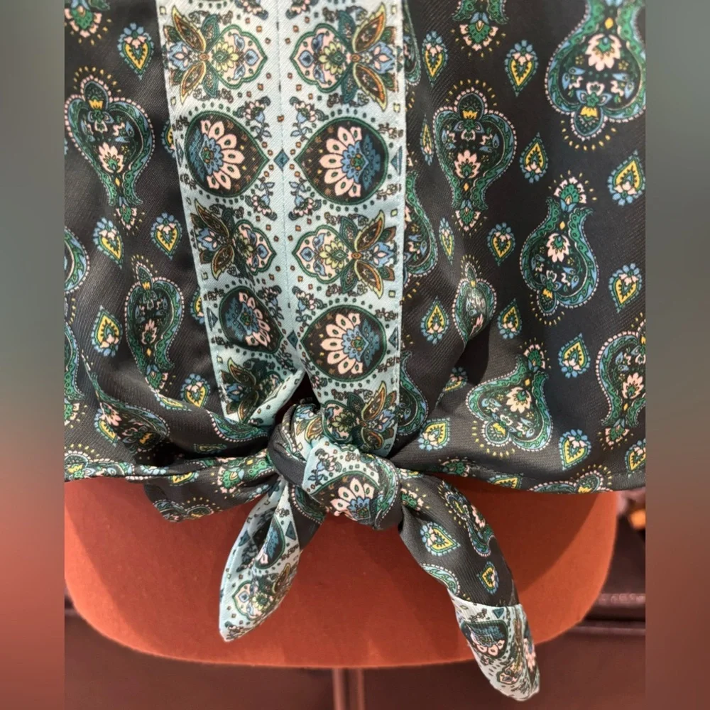 LOFT Teal Paisley Print V-Neck Tie-Waist Camisole - Picture 5 of 11